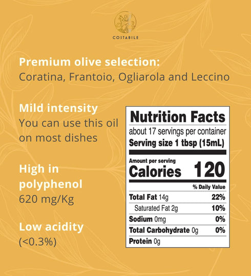 8.45Fl.Oz Costabile Orange Infused Olive Oil, Extra Virgin Organic from Italy. Polyphenol rich olive oil flavored