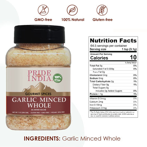 Pride Of India Garlic Minced Whole - 7oz (200gm) - Fresh Garlic Cloves, Vegan, Gluten-Free, No Artificial Colors