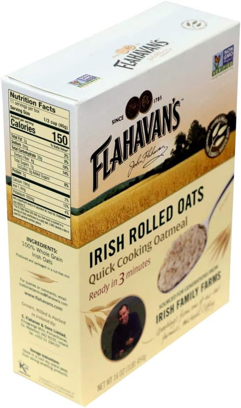 16 3 100% Flahavans Irish Rolled Oats, Ounce. Quick Cooking Oatmeal, Ready in Minutes. Whole Grain Oats, Non-GMO