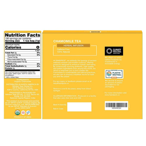 (100 HANDPICK, Organic Chamomile Tea Bags Herbal Tea Bags) Caffeine Free| Premium Floral Chamomile Herbal Tea