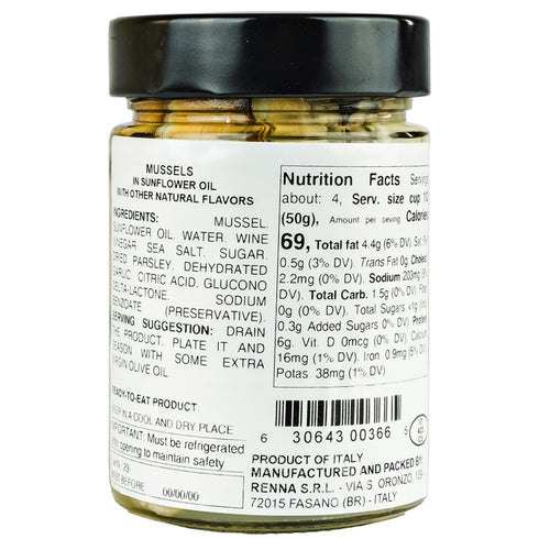 10.58 oz, Renna, Succulent Mussels in Sunflower Oil, Product of Italy, Experience the Taste of the Mediterranean