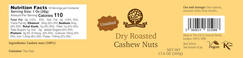 17.63 Oz (500g) Nutural World - Dry Roasted Whole Cashews - Unsalted - Great Taste Award Winner
