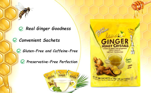 60 Prince of Peace Instant Ginger Honey Crystals with Lemon, Sachets Instant Hot or Cold Beverage Easy to Brew Drink