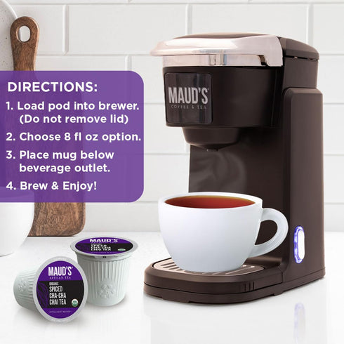 Maud's Organic Chai Tea Pods, 24 ct, Recyclable Single Serve, 100% Gourmet Blended Tea Leaves for Keurig