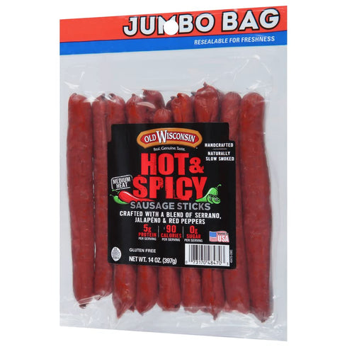 14 Package Old Wisconsin Hot & Spicy Sausage Snack Sticks, Naturally Smoked, Ready to Eat, High Protein, Low Carb