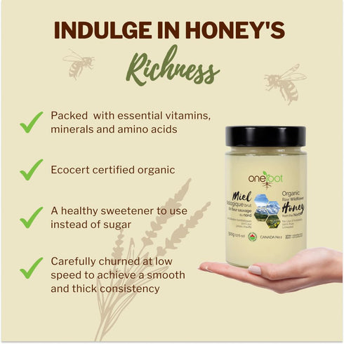 100% 17.6 Oz/1.1 Lbs, Oneroot Organic Canadian Wildflower Honey - Unheated & Creamed - Nutrient-Rich, Natural Sweetener