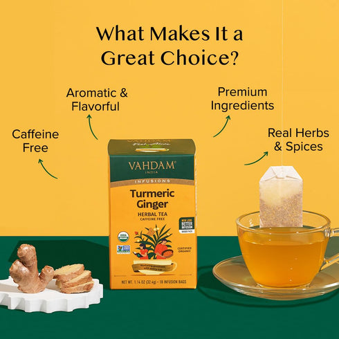 VAHDAM Organic Turmeric Ginger Herbal Tea Bags (18 Count) Caffeine Free, Eco-Friendly Individually Wrapped