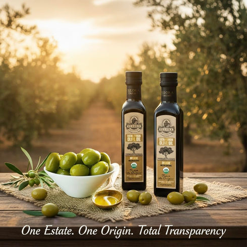 8.45 oz. Pack 2 Ellora Farms, Olive Oil Extra Virgin Organic, Traceable Greek, High phenols Cold press, Kosher, Glass