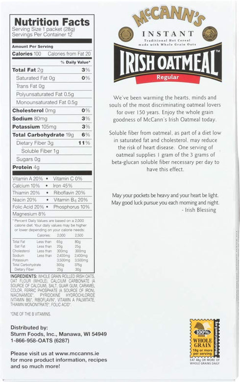 12 Packets, 28 (Pack 3) McCann's Irish Oatmeal, Instant Oatmeal, Regular, g Each