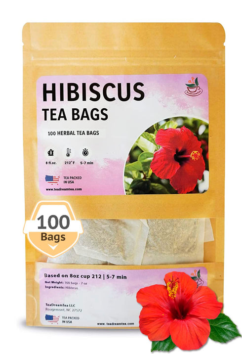 TeaDreamTea Hibiscus Tea Bags - 100 Bleach-Free, Caffeine Free Dried Hibiscus Flowers for Hot or Iced Herbal Tea