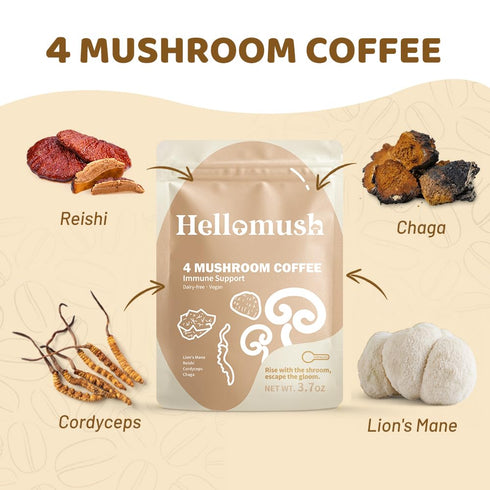 30 3.7 oz Hellomush Organic Instant Mushroom Coffee with Lions Mane, Reishi, Chaga and Cordyceps Coffee Servings