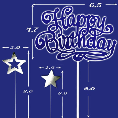 Blue Happy Birthday Cake Topper with 5 Double Sided Silver-Gold Stars