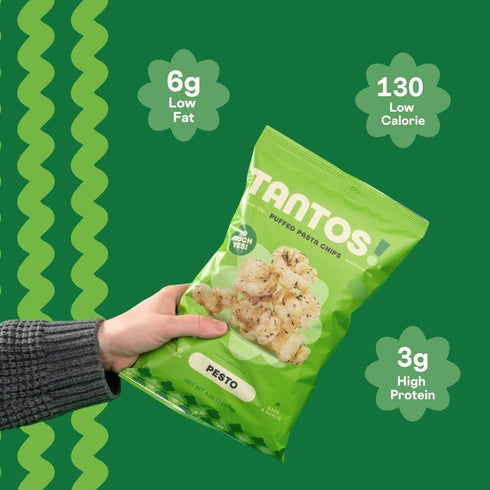4 oz, Pack 2 Tantos Puffed Pasta Chips Pesto Plant Based Low Calorie Snack