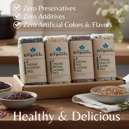 Set 4 2 LB Set Certified Organic Thai Jasmine Rice Gift - Medley Rice Kinds - Brown, Red, Purple Riceberry, Mixed Rice