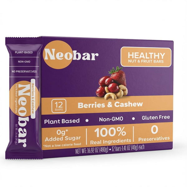NEOBAR Berries Cashew Fruit and Nut Bars - Plant-Based Vegan Snack Bars,