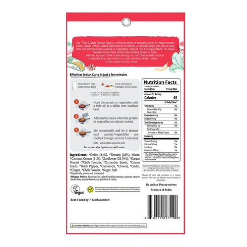 Simmer 12 (5.29 oz Food Earth Indian Sauce Tikka Masala Organic, Vegan, Gluten-Free, GMO-Free Microwavable Cooking