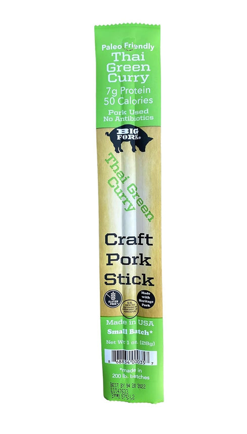 100% 6 Count (1 oz Big Fork Thai Green Curry Pork Snack Sticks Small-Batch, Hickory-Smoked Meat Sticks | Berkshire Pork