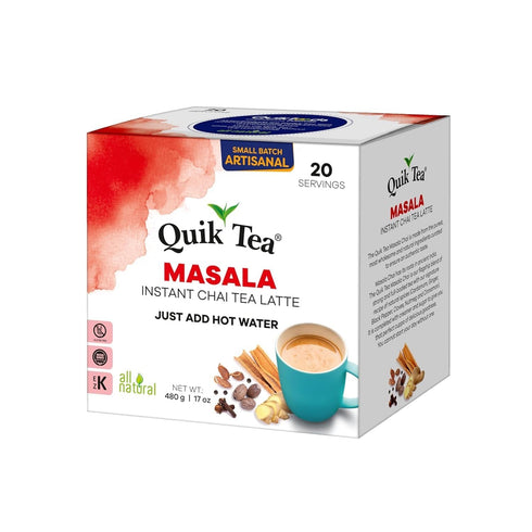 20 Count, QuikTea Instant Masala Chai Tea Latte Classic Chai latte with hearty mix of authentic chai spices, low