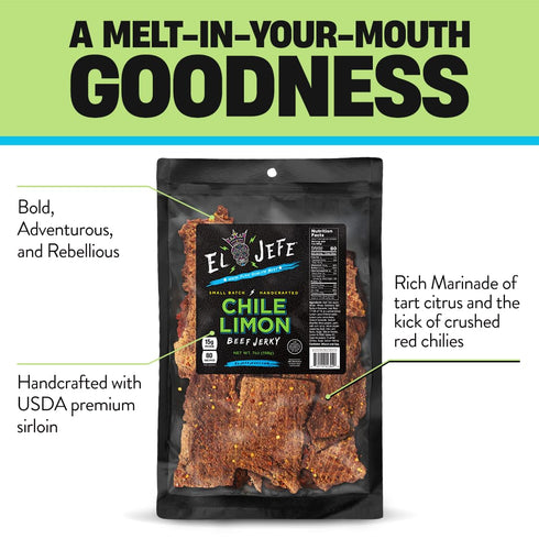 7oz (Pack 2) El Jefe Beef Jerky Chile Limon - Authentic Mexican Style Hispanic Slab Jerky Hand-Crafted in Small Batches