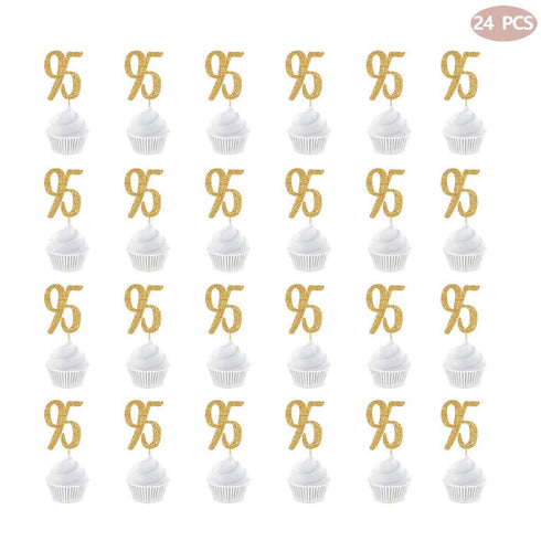 Gold Happy 95th Birthday Cupcake Topper, 24-Pack Number 95 Glitter Decorations for Birthday Party
