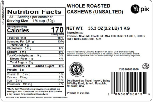 2.2 lb (35.2 oz), Yupik Roasted Unsalted Whole Cashews, Gluten-Free, Kosher, Vegan, Crunchy Nuts, Lightly Roasted, No