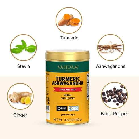 VAHDAM Turmeric Ashwagandha Herbal Supplement with Ginger & Black Pepper, Non-GMO & Gluten Free, 40 Servings