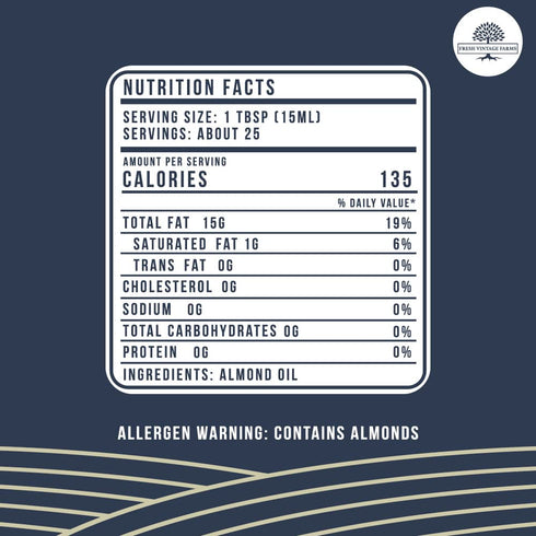 Fresh Vintage Farms Almond Oil - 100% Pure Cold Pressed California Grown - Natural and Nutritious Great for Cooking, Baking, Grilling, Dipping, & Salads (Pack of 1)