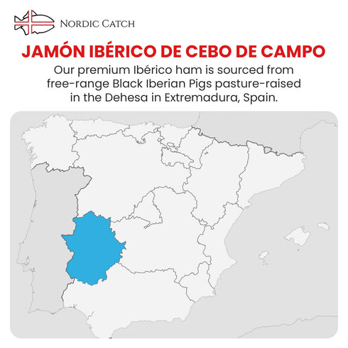100% 2.5oz, Nordic Catch Montaraz Jamn de Cebo de Campo- Hand-Carved Green Label Deli Meat Ham Slices, Ibrico Pork, Dry