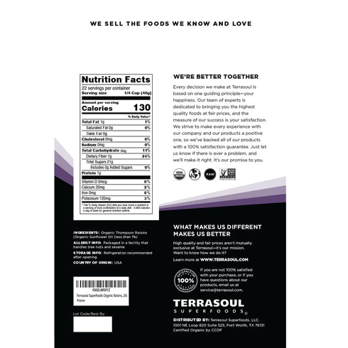 2 Lbs Terrasoul Superfoods Organic Raisins, - Seedless | No-Sugar Added | No Preservatives