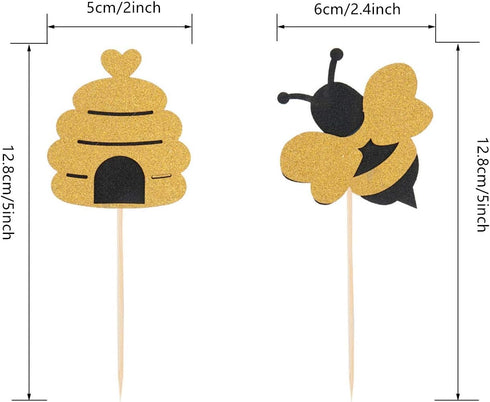 50 Pack Bee Cupcake Toppers, Glitter Bumble Bee Birthday Party Decor