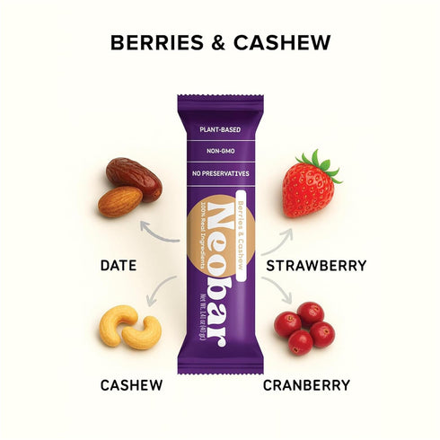 12 Count NEOBAR Berries Cashew Fruit and Nut Bars - Plant-Based Vegan Snack Bars, Gluten Free Dairy Free Snacks, No