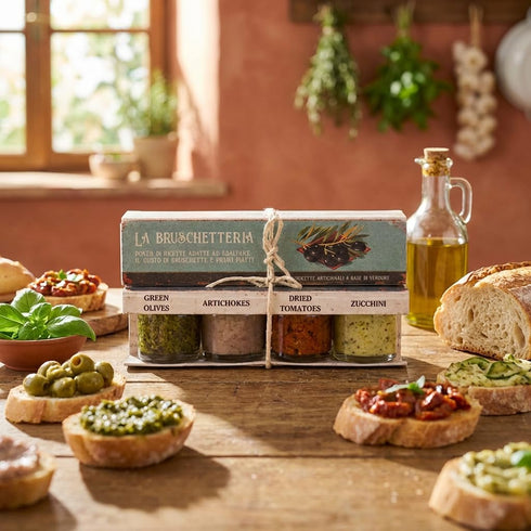 Set, 1.3 oz Pack 4 ARTIGIANI DEI SAPORI - Bruschetta each, Tomato Chopped, Artichokes, Sun-Dried Tomato, Smooth