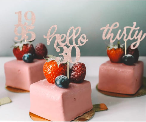 24 Pcs Rose Gold Glitter Cupcake Toppers for 30th Birthday, 30th Anniversary, Wedding Party Decorations