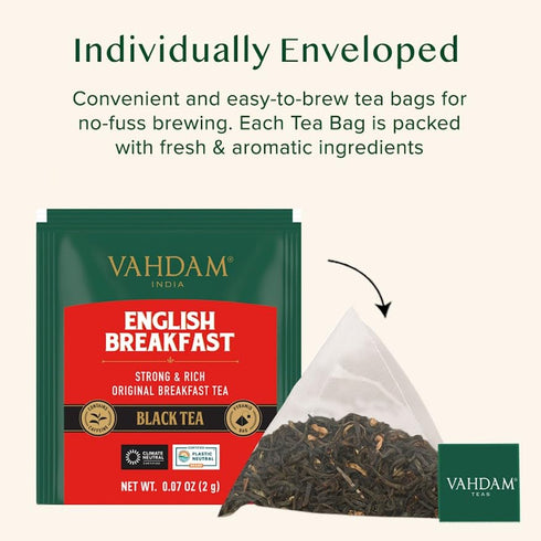 VAHDAM English Breakfast Black Tea Bags, 30 Count, High Caffeine, Pyramid Tea Bags
