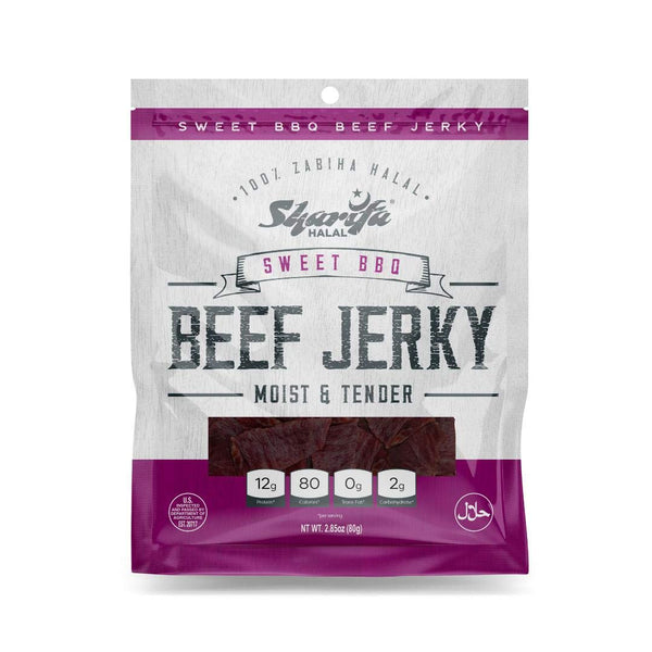 SHARIFA HALAL Beef Jerky, Sweet BBQ, (1) 2.85 oz. Bag Great Everyday Halal Jerky