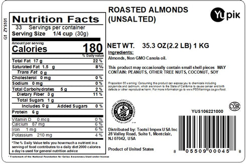 2.2 lb (35.2 oz), Yupik Roasted Unsalted Almonds, Gluten-free, Kosher, Vegan, Whole Nuts, No Added Salt, Lightly