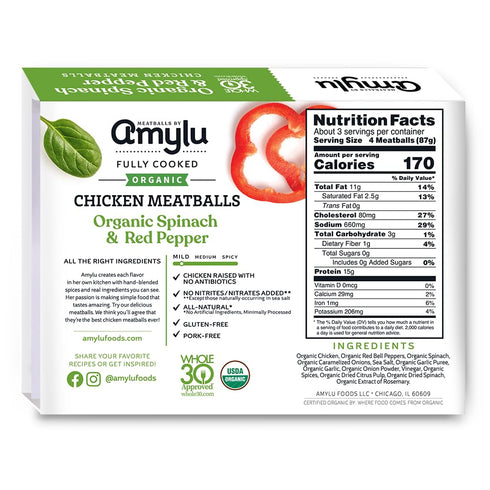 15g 10 oz Amylu Foods Organic Spinach & Red Pepper Chicken Meatballs, Natural Ingredients, of Protein, Chicken Raised