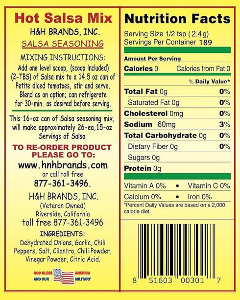 30 (16-oz. 26, 15-oz. 1.15-Each) Second Salsa Seasoning Mix - Hot, Can Makes Batches of Salsa