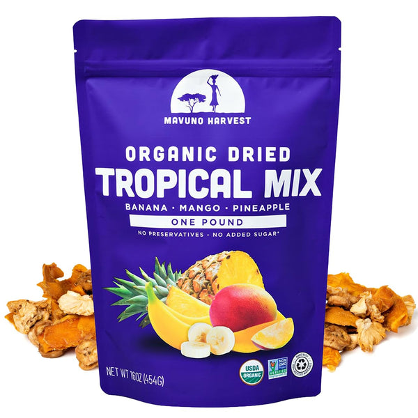 Mavuno Harvest Tropical Mix Dried Fruit Snack | Unsweetened Organic Mixed Dried