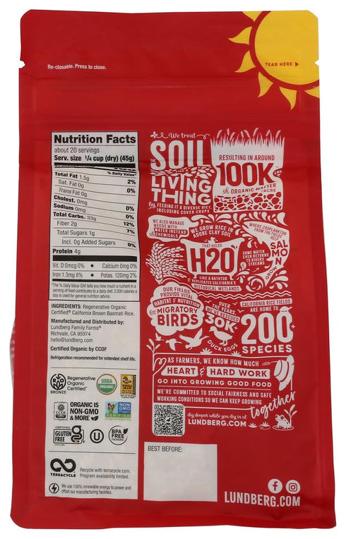32 Oz Lundberg Basmati Rice, Organic Long Grain Brown Rice - Non-Sticky, Fluffy Aromatic Rice Grown in California