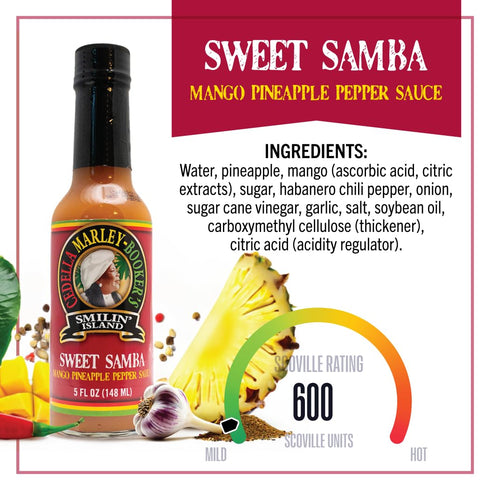 5 oz Smilin Island Sweet Samba Tropical Hot Sauce, Pineapple Mango Habanero, Sweet Flavor & Light Heat, Great