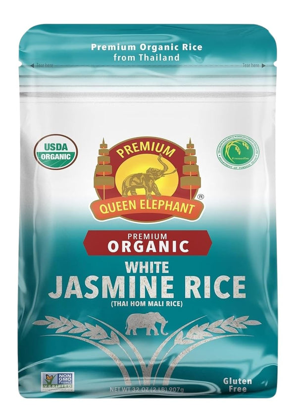 Queen Elephant Premium Organic White Jasmine Rice 2lbs Bag | Product of
