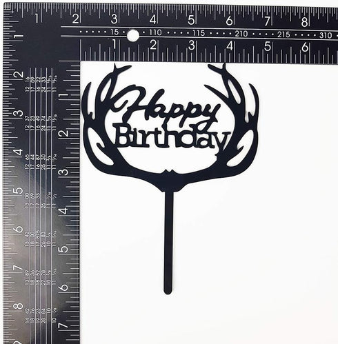 Antlers Happy Birthday Cake Topper Party Decorations (Black Acrylic)