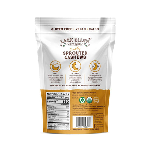 10 oz Lark Ellen Farm Sprouted Organic Certifed Cashews Unsalted - Bag, Non GMO, Keto Snacks, Paleo, Gluten Free