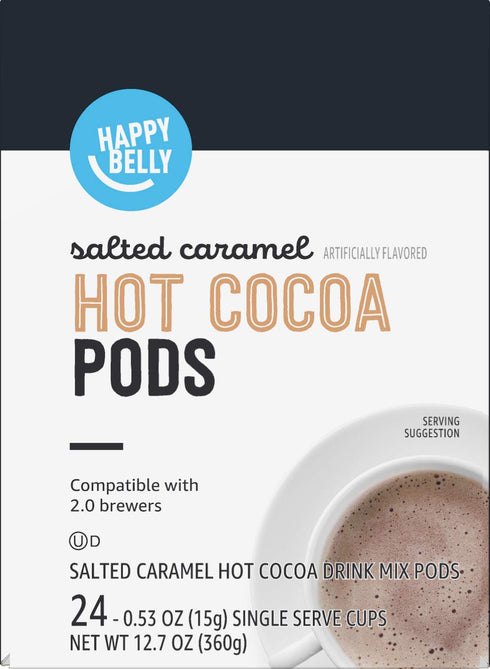 2.0 24 Count (Pack 2) Amazon Brand - Happy Belly Hot Cocoa Pods Compatible with K-Cup Brewers, Salted Caramel Flavored