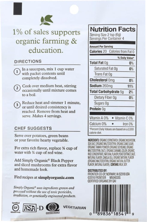 Simply Organic Mushroom Sauce Mix, Certified Organic, Vegetarian, Gluten-Free, 0.85 oz, Pack of 3