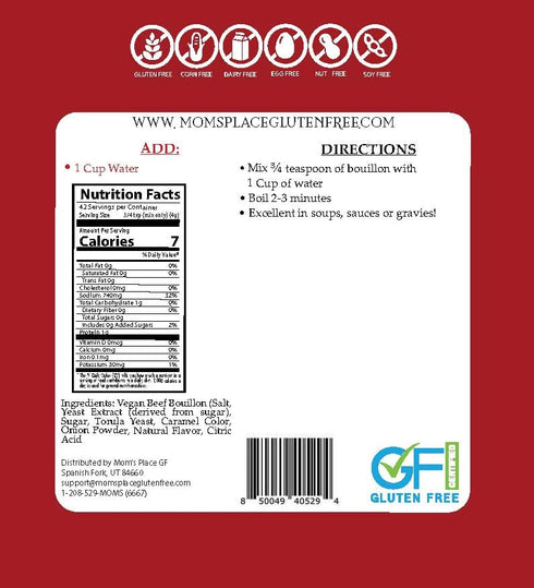 6.0 oz Mom's Place Gluten-Free & Vegan Beef Bouillon - Soy, Dairy, Nut & Corn Free