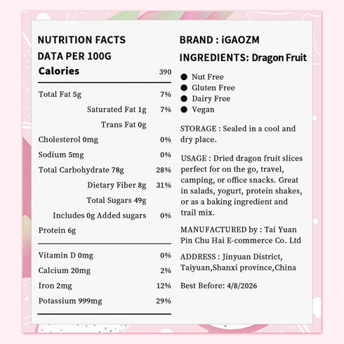 iGAOZM Slices,3.52oz/100g,Dehydrated Dried Dragon Fruit Dry Dragon Fruit Chips, No Sugar Added,Soft
