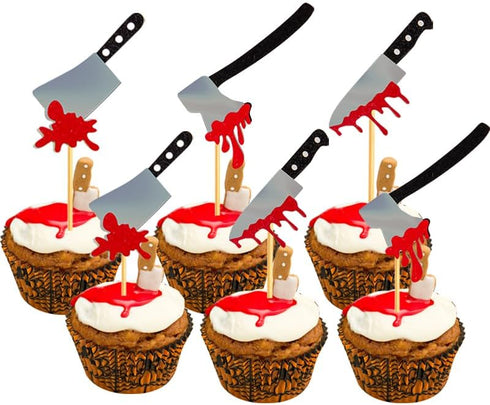 60Pcs Halloween Cupcake Toppers - Glitter Horror Blood Knife Picks for Killer Cake Decorations and Party Supplies