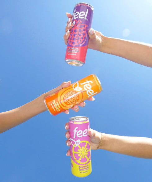 Pack 140mg 12 Oz (12-Pack) FEEL Variety Zero Sugar Natural Energy Drink Mixed Fruit Flavors, Plant-Based Caffeine +